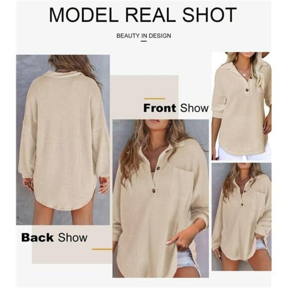 Waffle Knit Henley Top Women Long Sleeve V Neck Tunic Oversized Shirt Casual - Picture 5 of 6